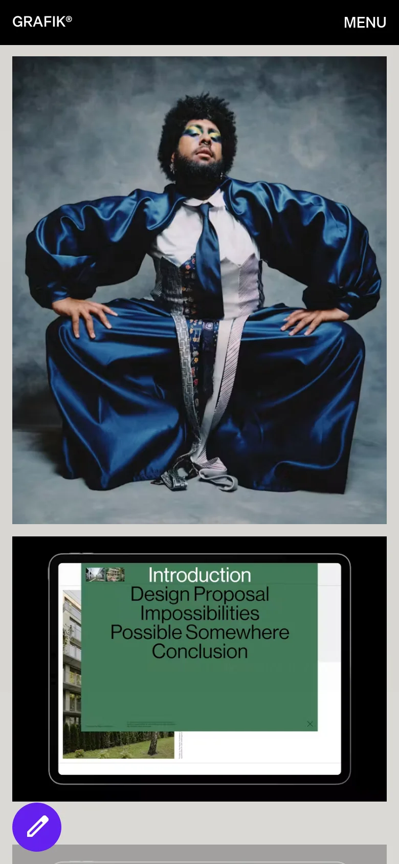 The mobile version presents a stacked layout where the hero image of the person in blue occupies the full width of the screen above the large orange text. The navigation bar is simplified at the top, and the content transitions into a single-column vertical scroll of large project images.
