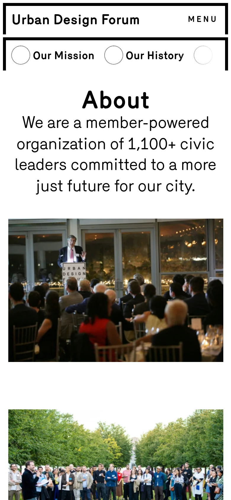 The mobile version simplifies the layout with a 'MENU' button in the top right and a secondary navigation row featuring links like Our Mission and Our History. The centered 'About' headline and mission statement remain prominent at the top, followed by large, full-width images of people in urban settings and community environments.