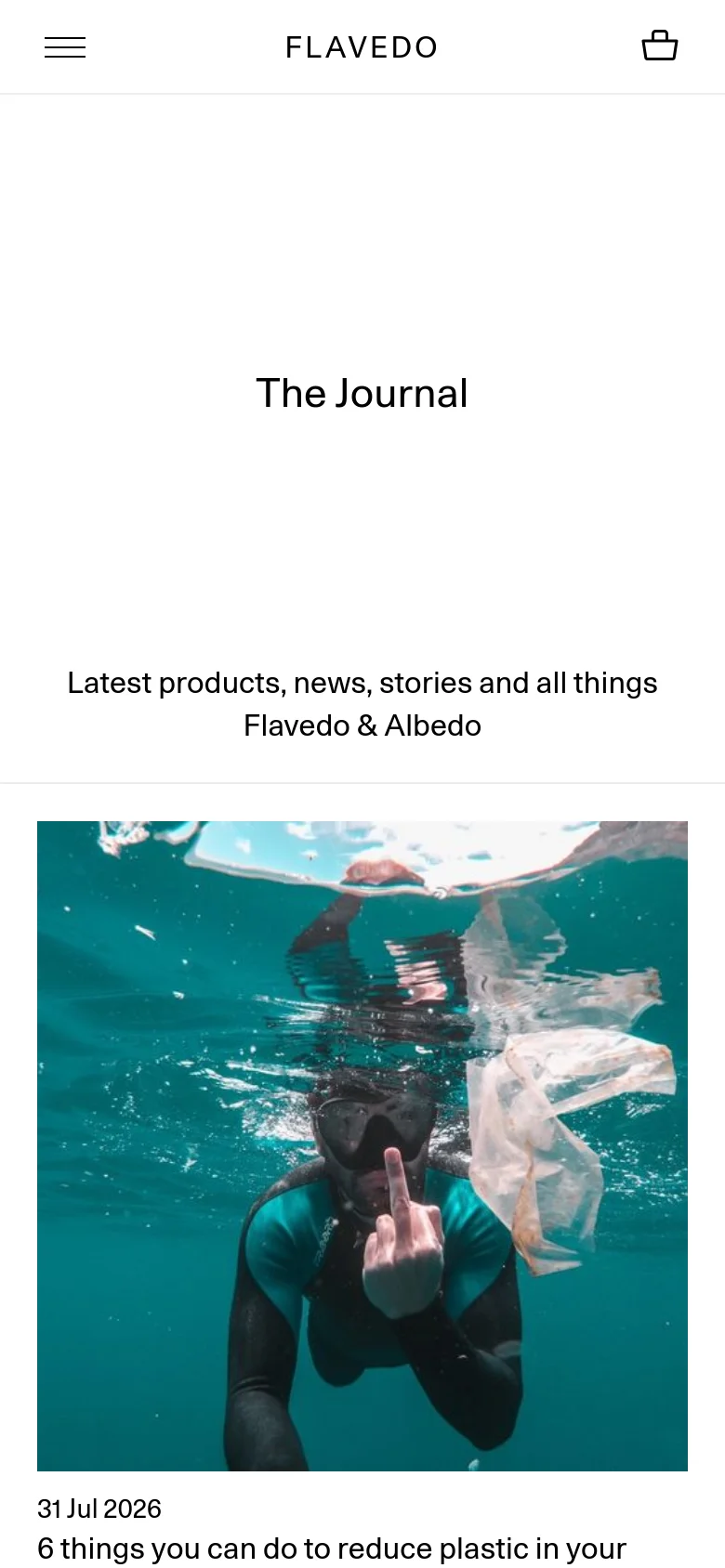 The mobile version presents a single-column vertical layout optimized for scrolling. The 'The Journal' header and description are centered at the top, followed by large, full-width featured images for each article, with the date and title positioned directly underneath. The navigation is condensed into a hamburger menu icon on the left and a shopping bag icon on the right.