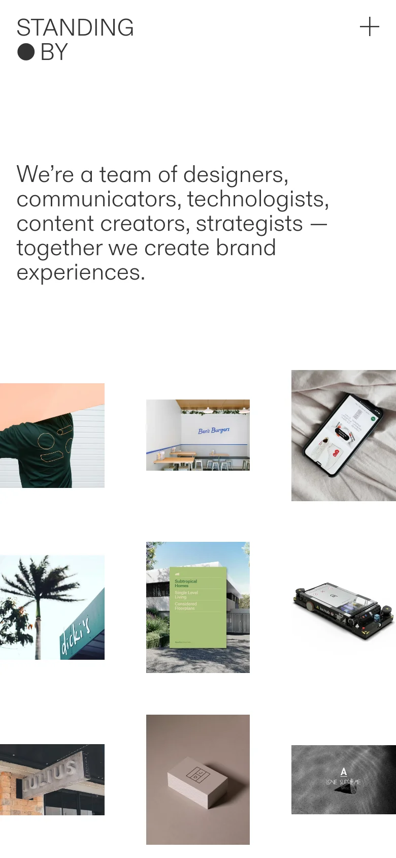 The mobile version maintains the minimalist white aesthetic and large mission statement headline but rearranges the content into a single-column vertical scroll. The grid of project images is stacked vertically, making each image larger and easier to view on a smaller screen compared to the desktop layout.