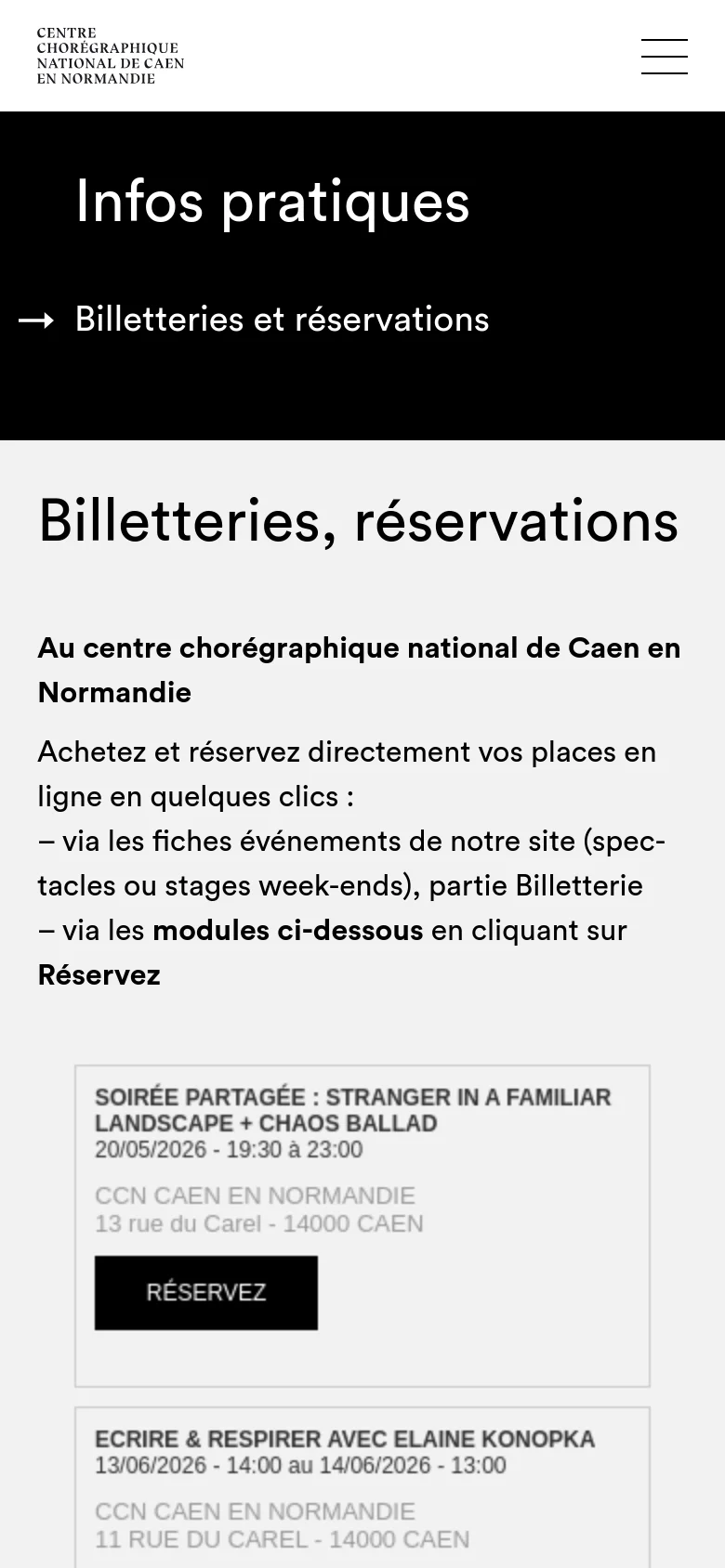 The mobile version presents a simplified vertical layout with a large black header section. The navigation menu is condensed into a hamburger icon at the top right, and the main content displays the heading and event booking modules in a single column for easier scrolling on small screens.