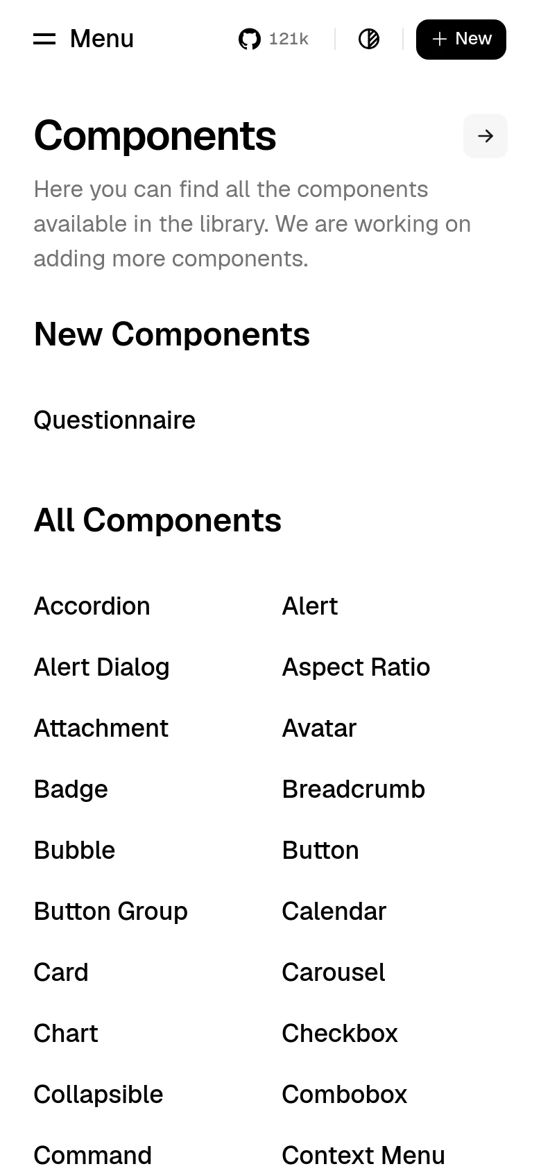 The mobile version features a simplified layout with a top navigation bar containing a hamburger menu, GitHub stats, and a 'New' button. The main content is stacked vertically, starting with the 'Components' title and description, followed by the 'New Components' and 'All Components' sections presented in a single-column list of links.