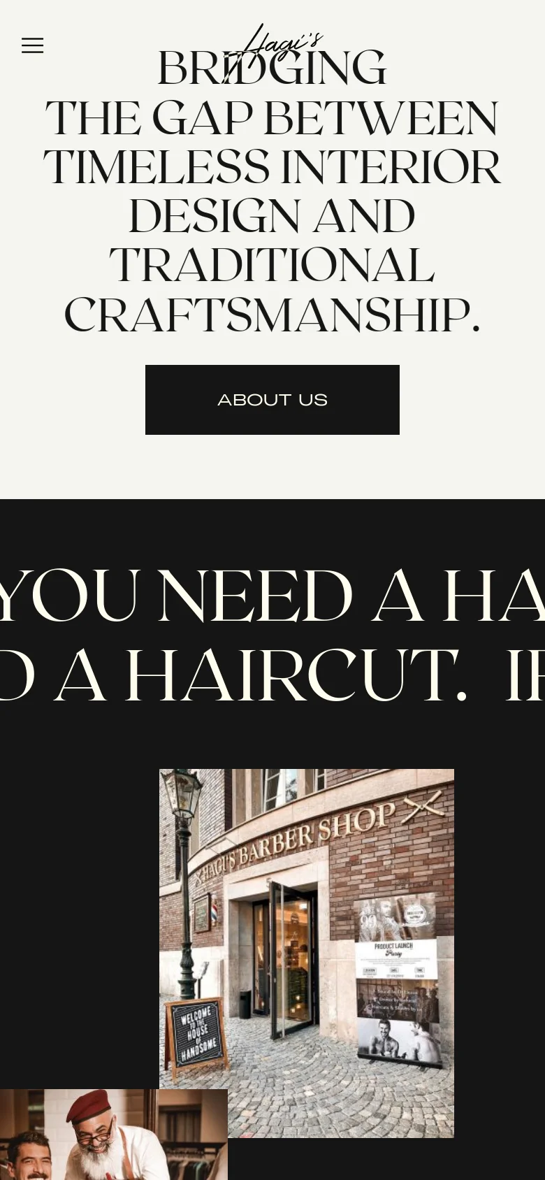 The mobile version uses a vertical layout with a condensed hamburger menu in the top left corner. The large serif headline is centered and stacked vertically to fit the narrow screen, followed by the dark 'ABOUT US' button. Below the hero section, a dark band contains large white text and a photo of a brick storefront.