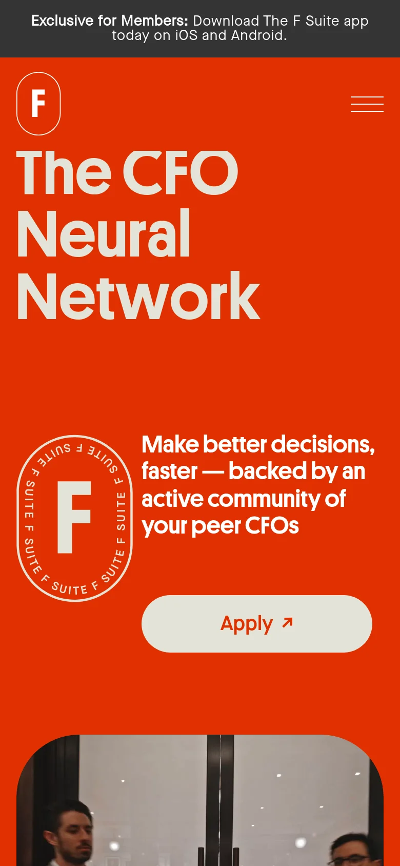 The mobile version uses a similar orange theme but features a condensed layout with a hamburger menu icon in the top right. The large white 'The CFO Neural Network' headline dominates the upper screen, followed by the circular 'F' logo and the 'Apply' call-to-action button centered below the descriptive text.