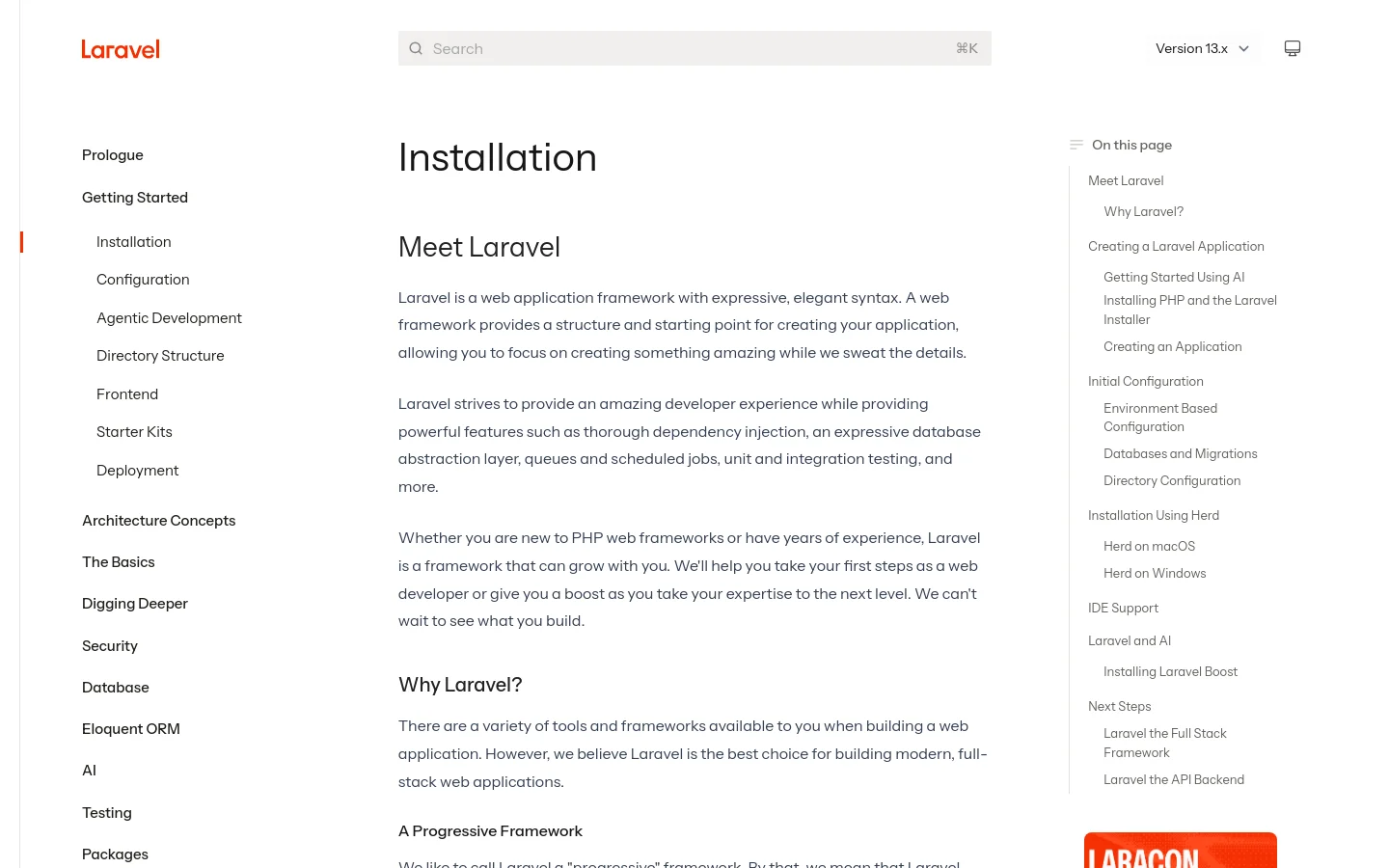 The Laravel documentation page features a clean, white layout with a sidebar on the left containing a hierarchical navigation menu of topics like Installation and Architecture Concepts. The main content area displays the headline 'Installation' followed by sections such as 'Meet Laravel' and 'Why Laravel?' in dark text. A right-hand sidebar provides a 'On this page' quick-link navigation menu.