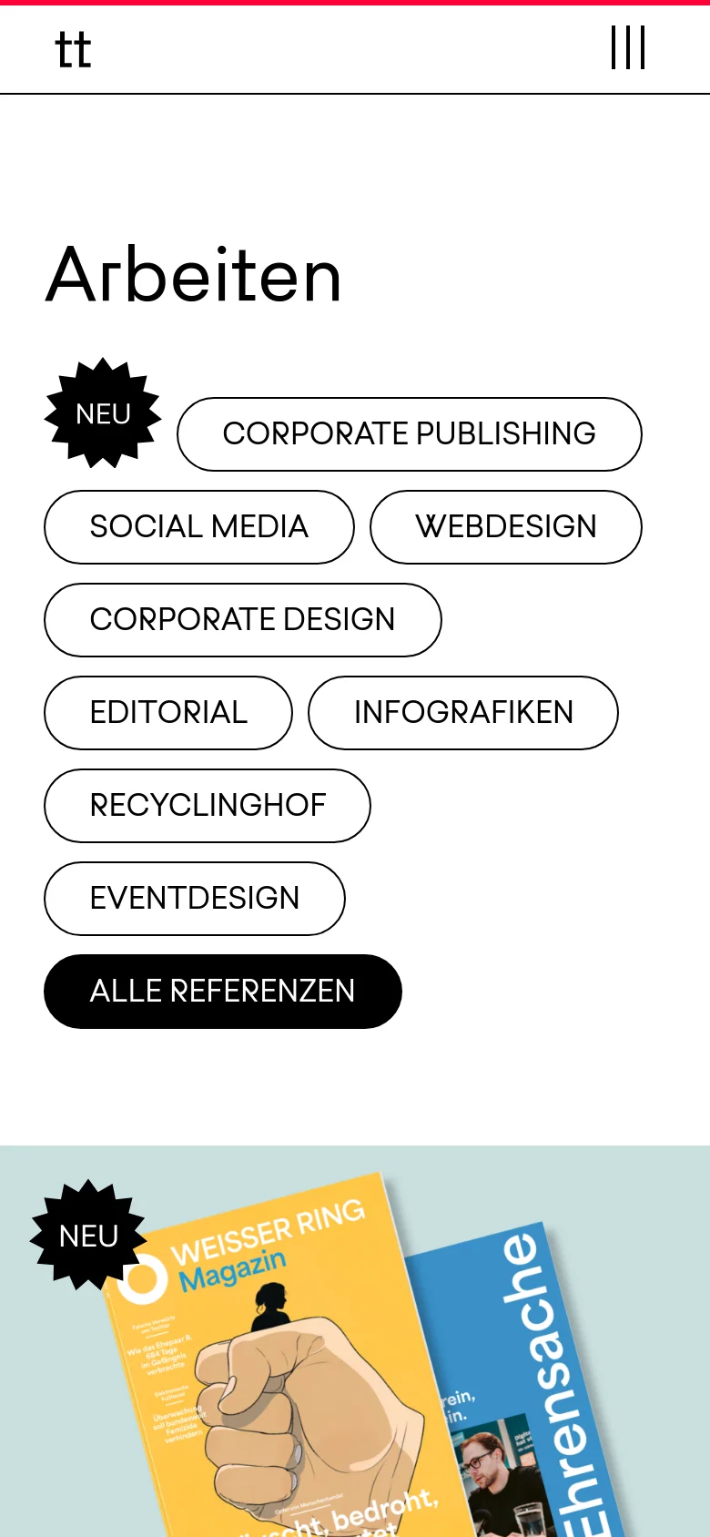 The mobile version displays a simplified layout with a hamburger menu icon in the top right and the 'tt' logo on the left. The 'Arbeiten' heading and pill-shaped filter buttons are stacked vertically to fit the narrow screen, maintaining the minimalist black-and-white aesthetic.