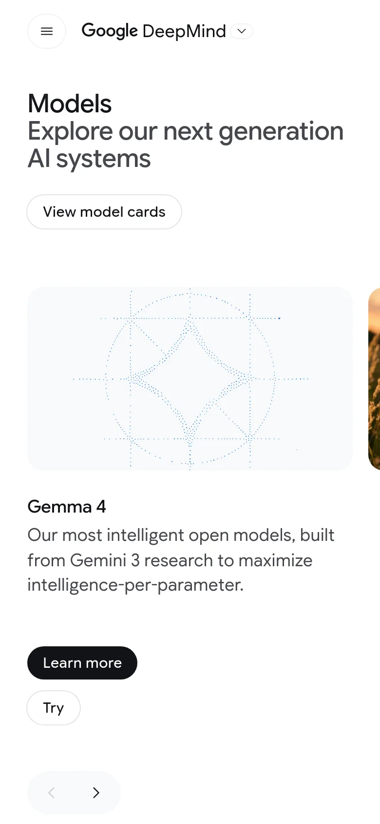 The mobile version presents a vertically stacked layout with the headline and 'View model cards' button at the top. The model card for 'Gemma 4' is centered, showing the descriptive text followed by 'Learn more' and 'Try' buttons, while the carousel navigation arrows are positioned at the bottom. The overall design is simplified for a narrow screen, focusing on a single column of content.