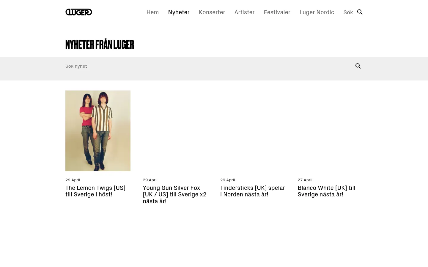 The Luger news page features a clean, minimalist white layout with a large black headline reading 'NYHETER FRÅN LUGER'. A search bar sits below the header, followed by a grid of news articles consisting of vertical rectangular images, dates, and headlines. The desktop view displays news items in a multi-column horizontal row.