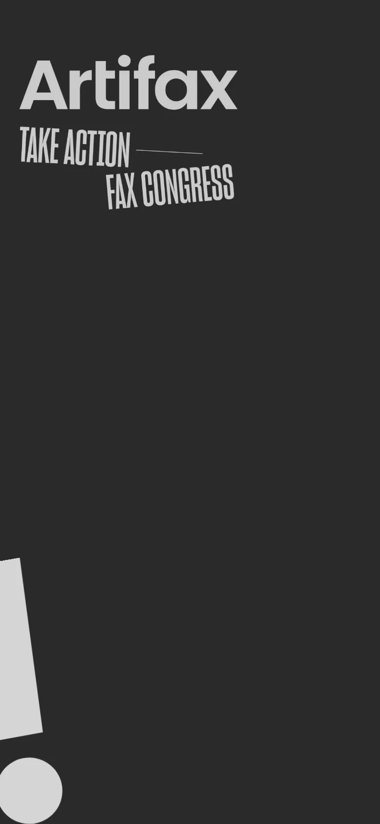 The mobile version presents a simplified, vertically stacked layout optimized for small screens. The large Artifax logo dominates the top of the dark gray screen, and the content is condensed to focus on the primary call to action and form elements. The navigation is streamlined, and the overall aesthetic maintains the high-contrast, black-and-white minimalist theme.
