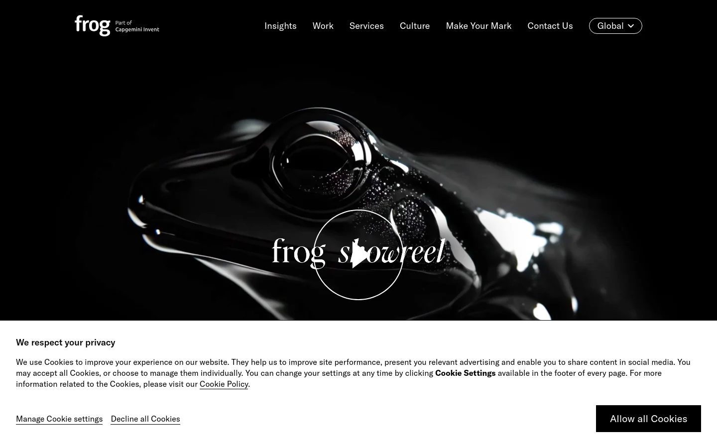 The desktop homepage features a dark, minimalist design with a large hero video section showing a close-up of a glossy black frog surface and a 'frog showreel' play button. A navigation bar at the top includes links for Insights, Work, Services, Culture, Make Your Mark, and Contact Us, alongside a Global selector. Below the hero, a series of content cards with white text on dark backgrounds highlight various design projects and reports, such as 'Designing Robots for Human Spaces' and 'The New Lines of Luxury'.
