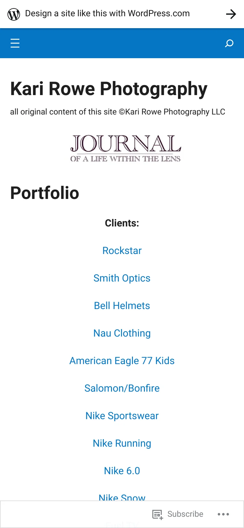 The mobile version presents a simplified, single-column layout with a blue header containing a hamburger menu and search icon. The 'Kari Rowe Photography' title and logo are centered above the 'Portfolio' heading, followed by a vertical list of client names in blue text.