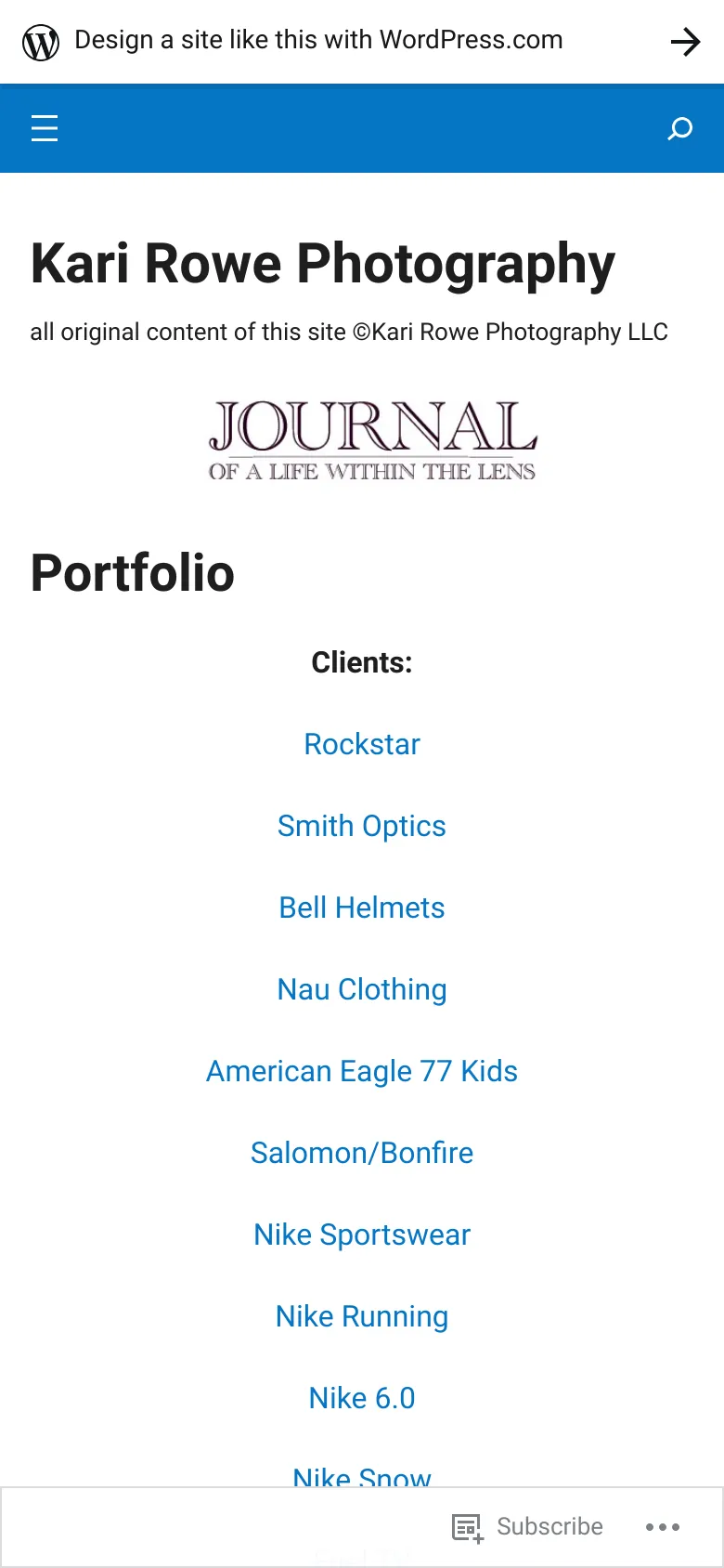 The mobile version presents a simplified, single-column layout with a blue header containing a hamburger menu and search icon. The 'Kari Rowe Photography' title and logo are centered above the 'Portfolio' heading, followed by a vertical list of client names in blue text.