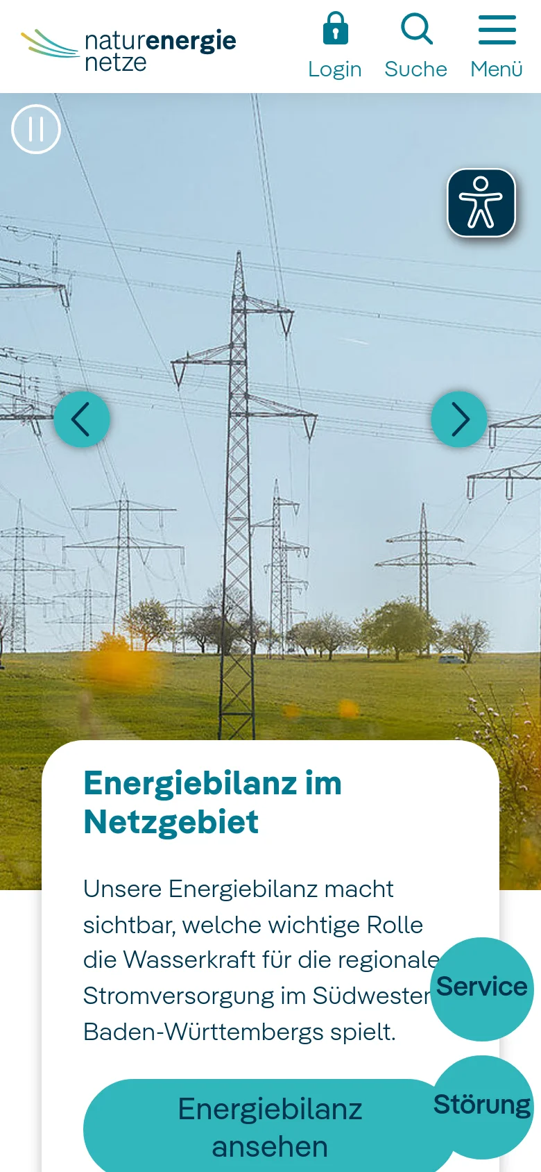The mobile version presents a vertically stacked layout with a large hero image of power lines and a prominent white information card at the bottom. The header is condensed, showing only the logo, a login icon, a search icon, and a hamburger menu icon. Two circular teal floating action buttons for 'Service' and 'Störung' are fixed to the bottom right of the screen.