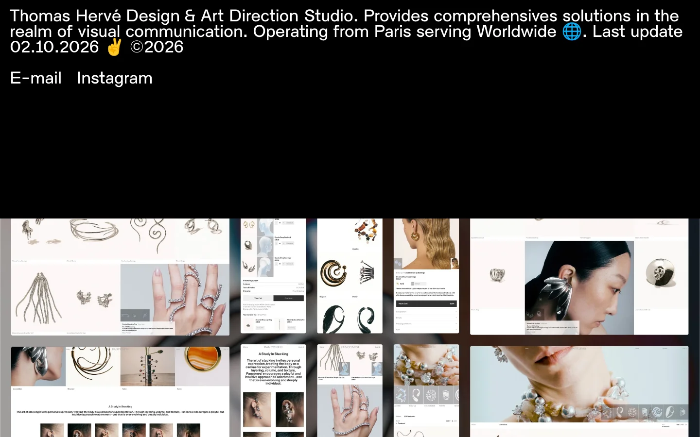 The desktop homepage features a minimalist black background with large white text introducing Thomas Hervé Design & Art Direction Studio. Below the header, a grid of various project preview images displays diverse visual communication work. The layout is clean and spacious, with contact links for E-mail and Instagram positioned prominently at the top.