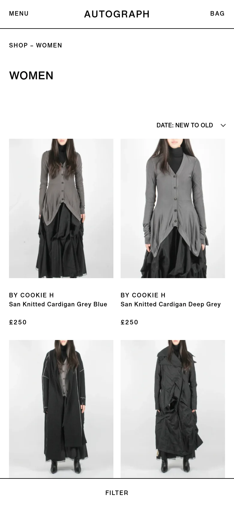 The mobile version simplifies the layout by removing the sidebar, replacing it with a prominent 'FILTER' button at the bottom of the screen. The product grid shifts to a two-column layout, showing larger images of items like the San Knitted Cardigan. The header is condensed, focusing on the 'AUTOGRAPH' logo, a menu icon, and a 'BAG' link.