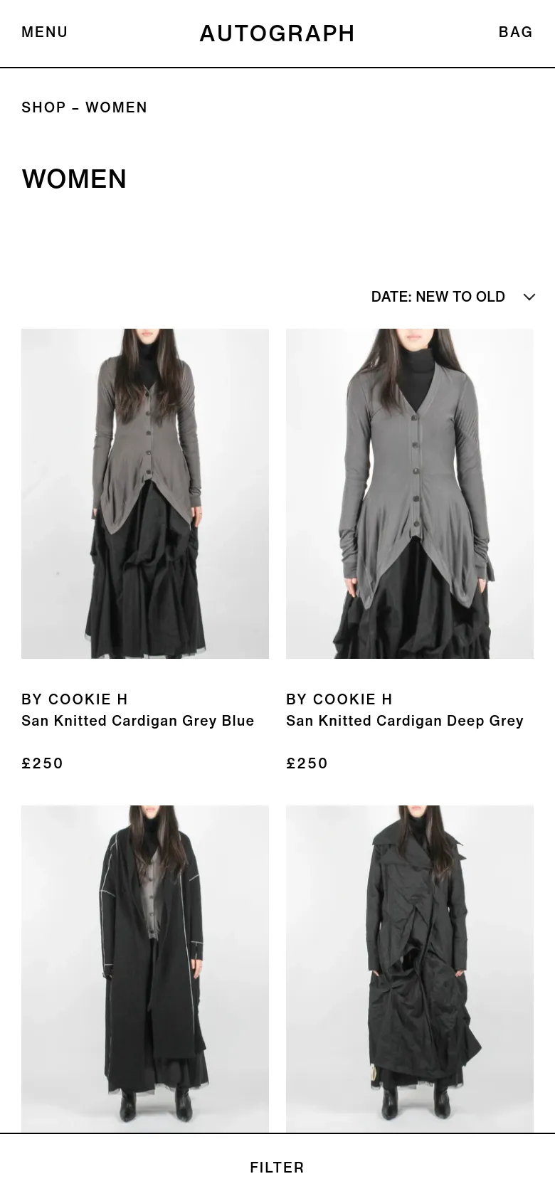 The mobile version simplifies the layout by removing the sidebar, replacing it with a prominent 'FILTER' button at the bottom of the screen. The product grid shifts to a two-column layout, showing larger images of items like the San Knitted Cardigan. The header is condensed, focusing on the 'AUTOGRAPH' logo, a menu icon, and a 'BAG' link.