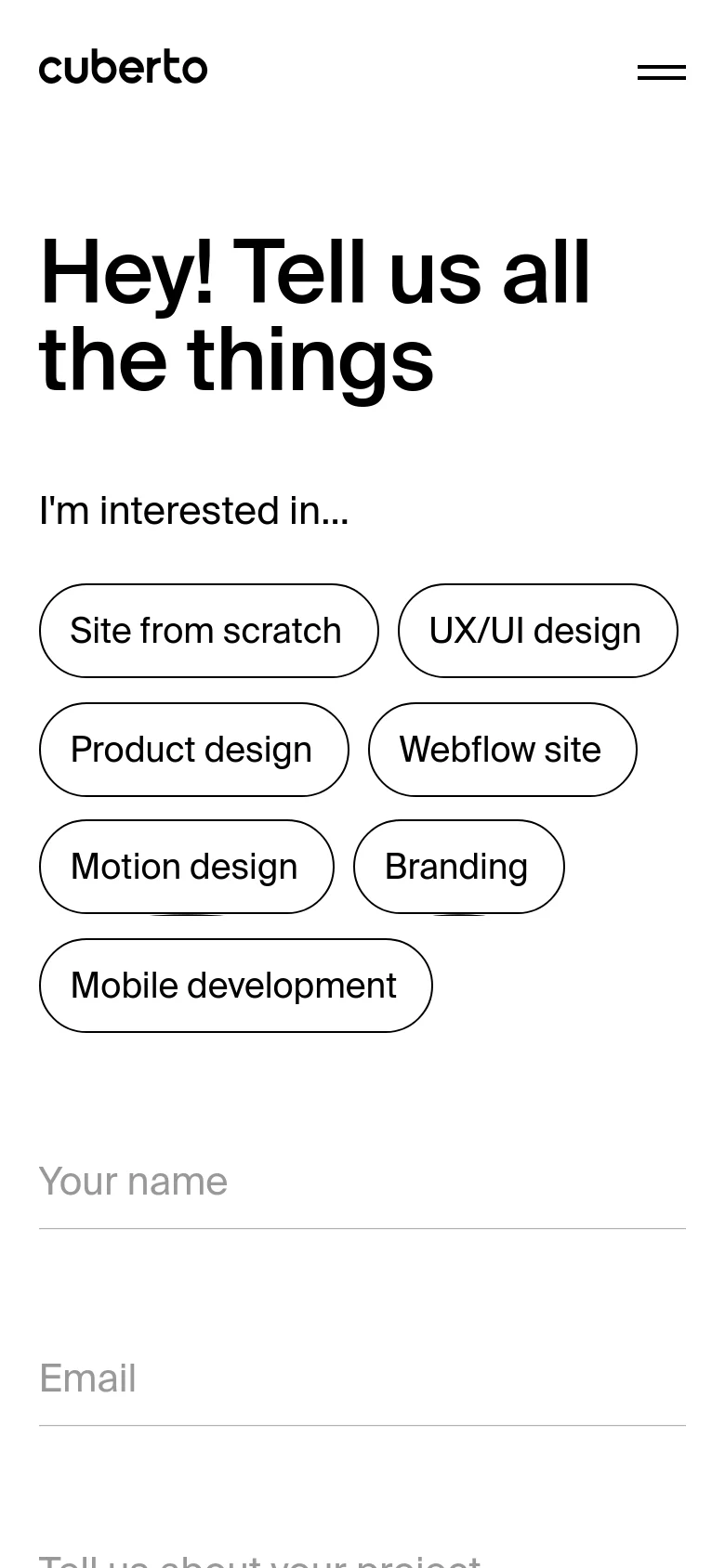 The mobile version maintains the minimalist white and black aesthetic but uses a single-column layout. The large headline is stacked vertically, and the interest selection buttons are arranged in a flexible grid that spans the width of the screen. The navigation menu is condensed into a hamburger icon in the top right.