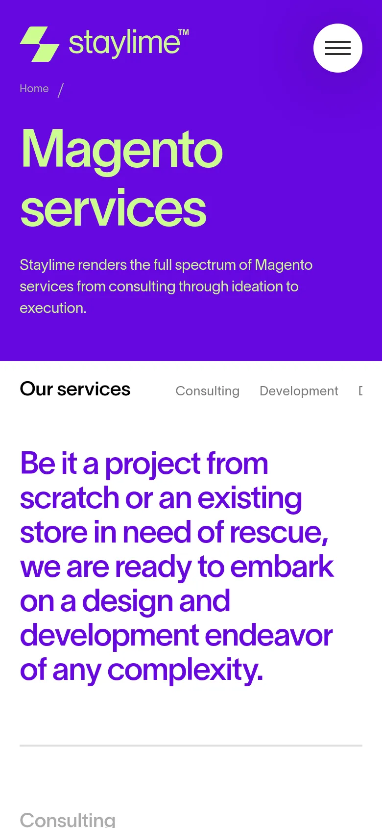 The mobile version displays a condensed purple hero section with a hamburger menu icon in the top right. The layout shifts to a vertical stack, showing the 'Magento services' headline, a horizontal scrolling service menu, and the large purple introductory text.