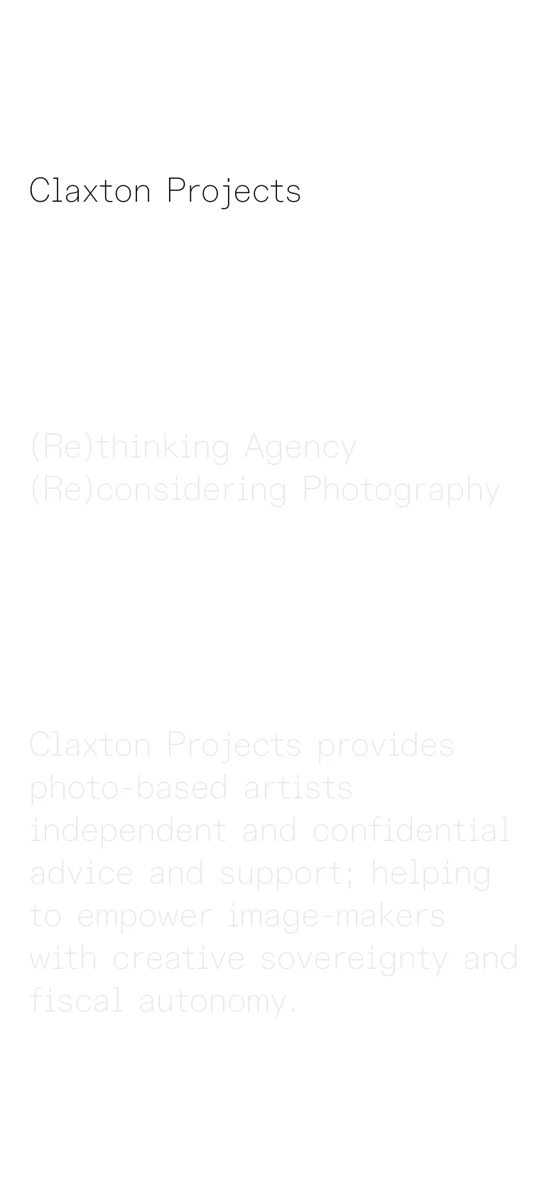 The mobile version maintains the minimalist black-and-white aesthetic but utilizes a single-column vertical layout to accommodate smaller screens. The large headings and service descriptions are stacked vertically, ensuring readability through a simplified, text-heavy interface.