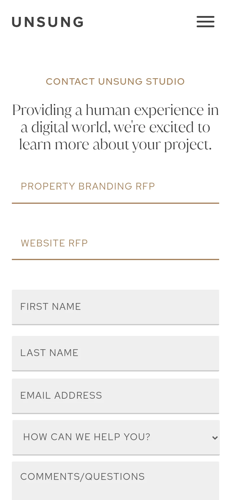 The mobile version uses a single-column vertical layout on a white background. The headline and RFP links are stacked at the top, followed by the contact form fields which span the full width of the screen. The navigation is condensed into a hamburger menu icon in the top right corner.