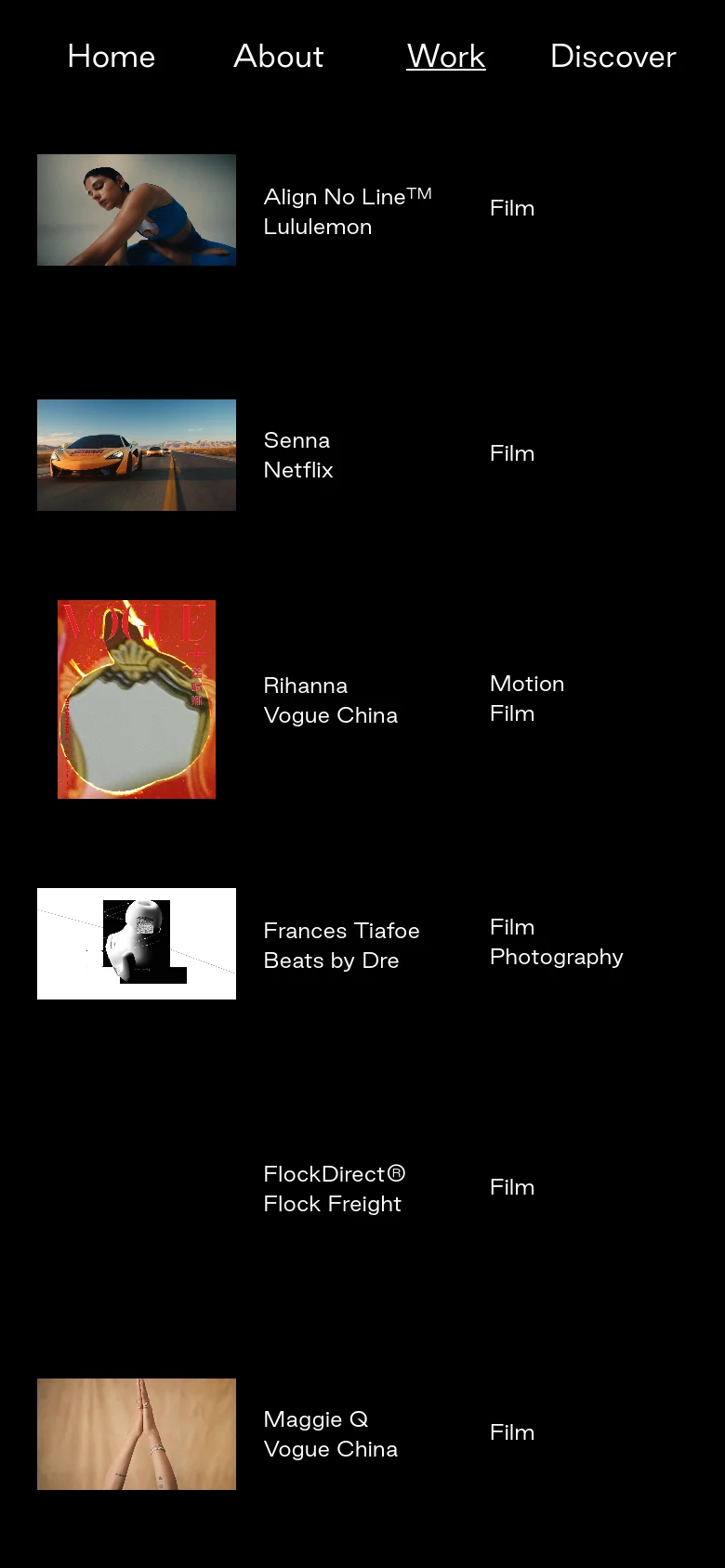 The mobile version maintains the dark theme but transitions to a single-column vertical list. Each project entry displays a large thumbnail image stacked above the project title, client, and category text for easier scrolling on a narrow screen.