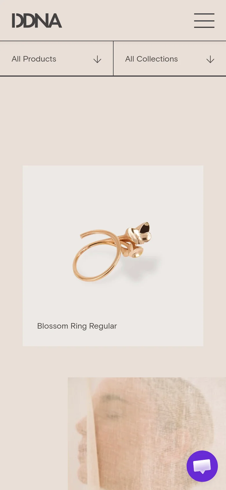 The mobile version uses a stacked layout with a large DDNA logo and a hamburger menu icon at the top. Below the header, two full-width dropdown menus for 'All Products' and 'All Collections' are displayed. The product imagery follows in a single-column vertical scroll, starting with a large product shot of the Blossom Ring Regular.
