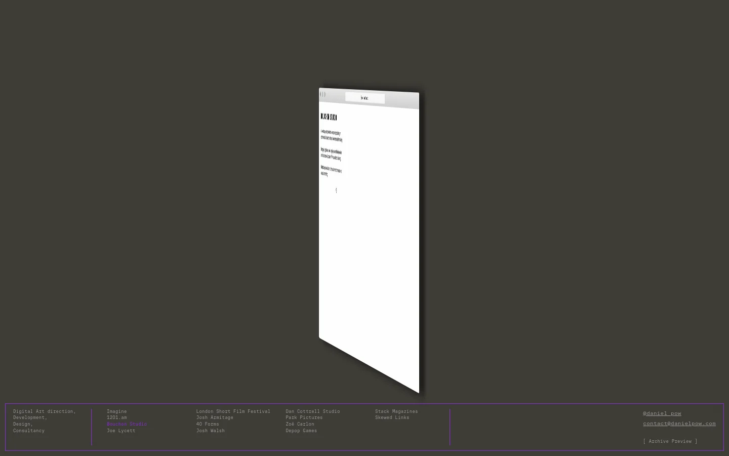A minimalist desktop homepage with a dark charcoal background and white sans-serif typography. The layout features a large 'Imagine' headline followed by services like Digital Art direction and Development, with a list of clients and a link to an Archive Preview at the bottom. A floating white window displays a large orange digital clock reading '120142' against a black background.