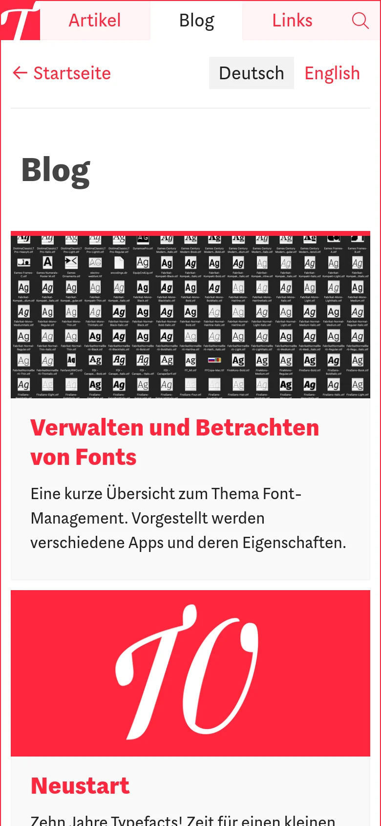 The mobile version presents a simplified vertical layout with the 'Blog' title at the top and a navigation bar containing 'Artikel', 'Blog', and 'Links'. The blog posts are stacked vertically in a single column, showing large feature images followed by red headlines and descriptive text.