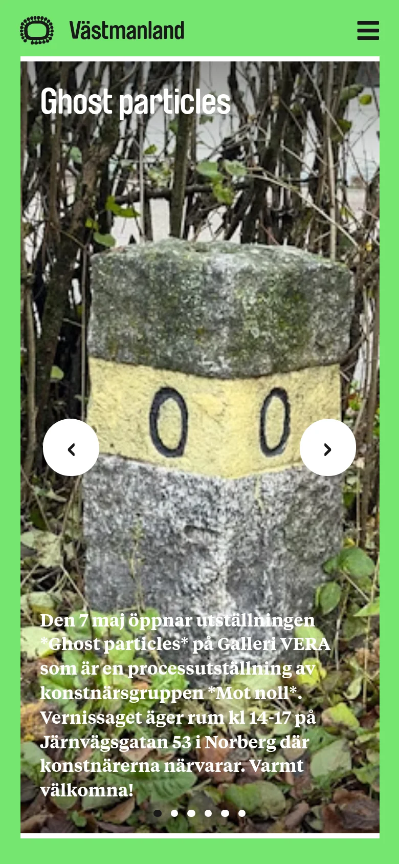 The mobile version maintains the light green header but uses a hamburger menu icon for navigation. The hero section features the same 'Ghost particles' image and text, but the image and text elements are scaled to fit the narrower vertical viewport. The layout shifts from a multi-column grid to a single-column vertical stack for the project cards.