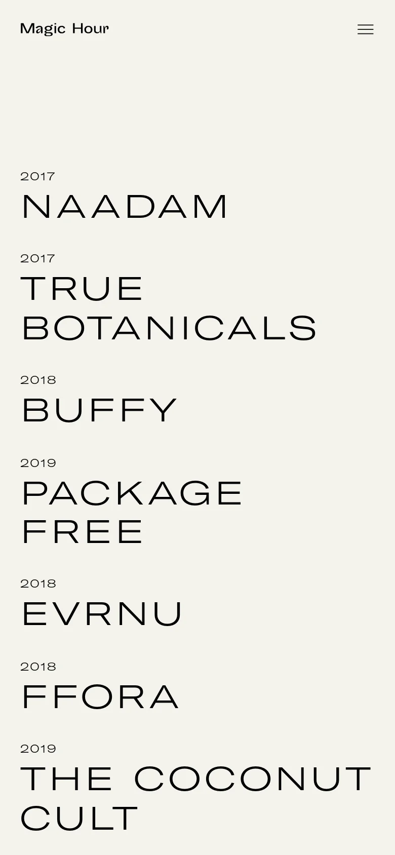 The mobile version maintains the minimalist aesthetic and light grey background but uses a condensed single-column layout. The top navigation is simplified with the Magic Hour logo and a hamburger menu icon on the right. The company names and years are stacked vertically, optimized for scrolling on a smaller screen.