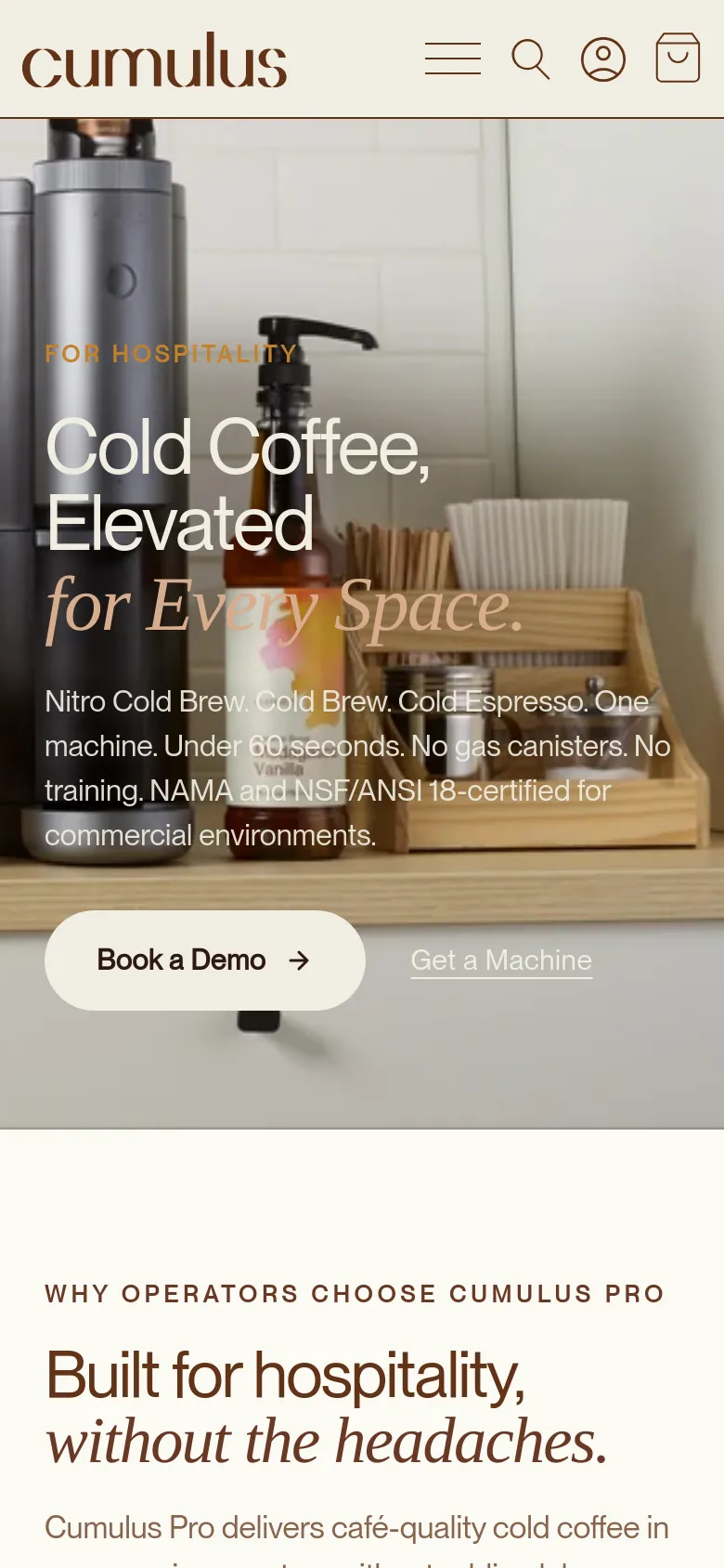 The mobile version presents a vertically stacked layout starting with a full-width hero image of the coffee station and large white typography. The navigation is condensed into a hamburger menu, search, user, and cart icons. The 'Book a Demo' button is prominently centered as a large pill-shaped button, and the content sections below transition into a single-column scrollable format.