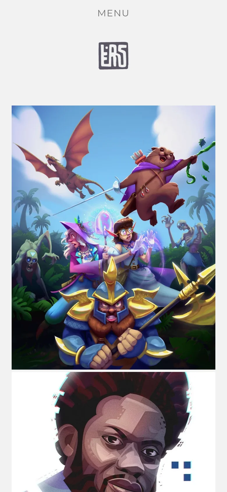 The mobile version simplifies the layout, replacing the top navigation bar with a centered 'MENU' text label above the 'LERS' logo. The colorful illustration grid shifts to a single-column vertical stack, showcasing large-scale versions of the artwork as the user scrolls down.