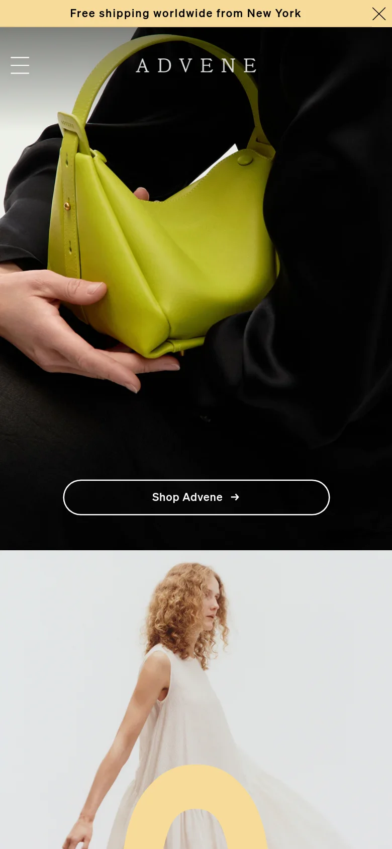 The mobile version simplifies the layout into a vertical stack, focusing on a large hero image of the lime green handbag. The navigation is condensed into a hamburger menu icon on the top left, and the 'Shop Advene' button is centered prominently over the image. The split-screen desktop view is replaced by a single, impactful visual to suit the smaller screen.