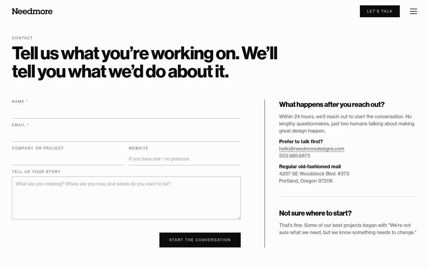 The desktop contact page features a minimalist white background with black text. A large headline on the left is followed by a multi-field contact form including Name, Email, Company, Website, and a large text area for a story. A sidebar on the right provides contact details and a brief explanation of the process.