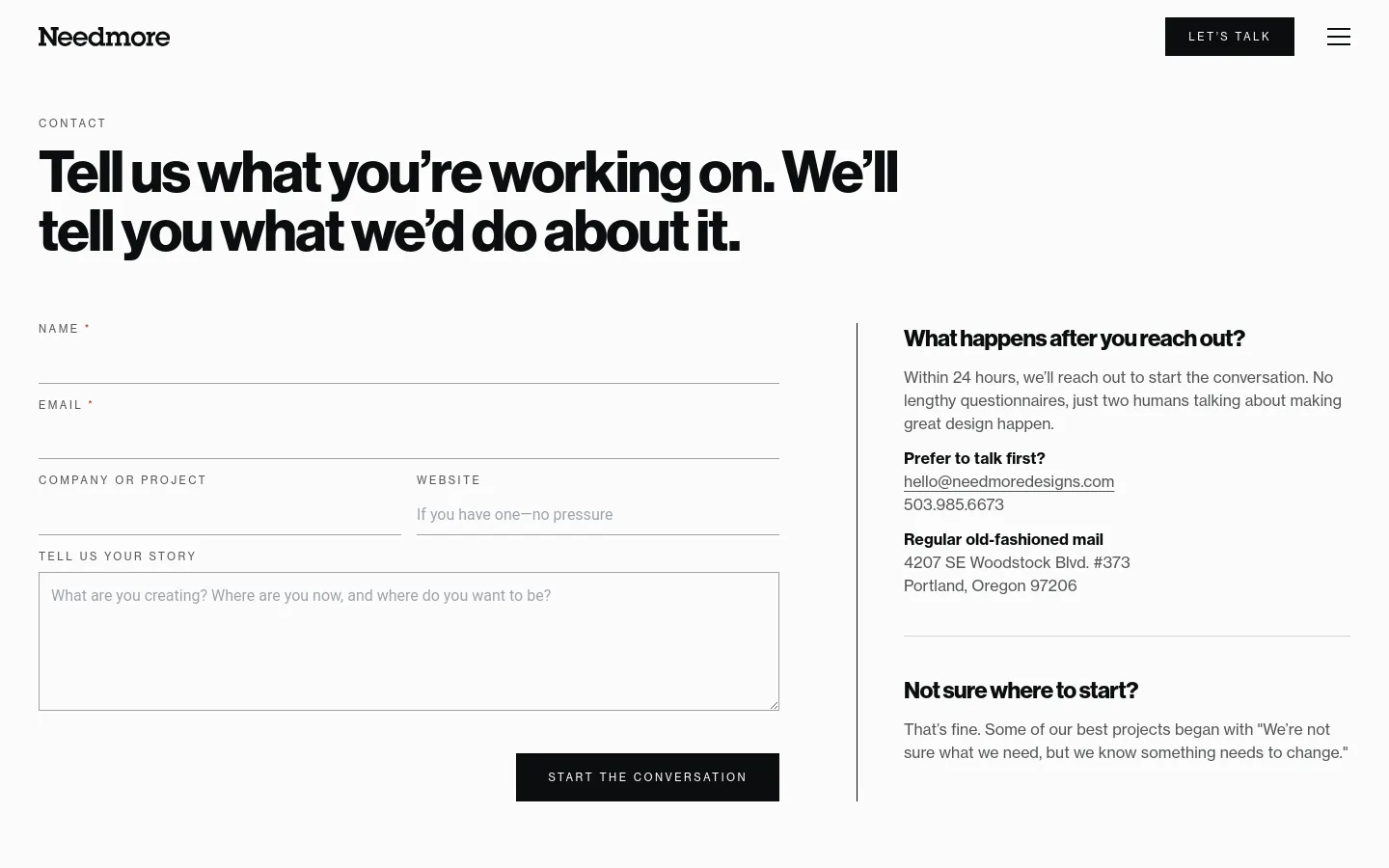 The desktop contact page features a minimalist white background with black text. A large headline on the left is followed by a multi-field contact form including Name, Email, Company, Website, and a large text area for a story. A sidebar on the right provides contact details and a brief explanation of the process.