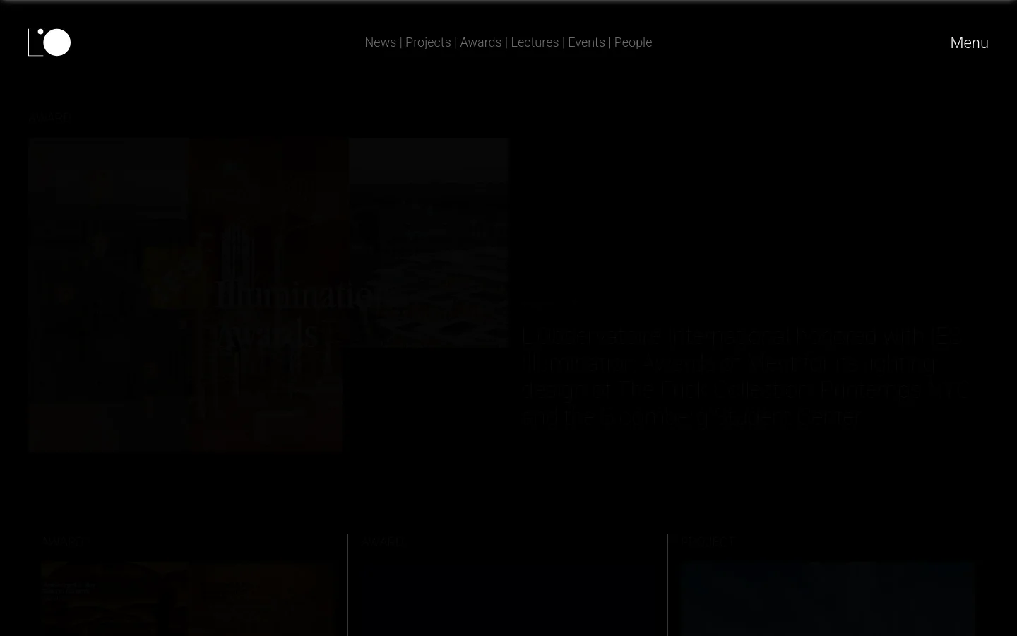 The News page features a dark minimalist layout with a top navigation menu. A series of news entries are displayed vertically, each consisting of a large high-quality architectural or lighting photograph, a category label like 'Award' or 'Project', a date, a bold headline, and a call to action link.