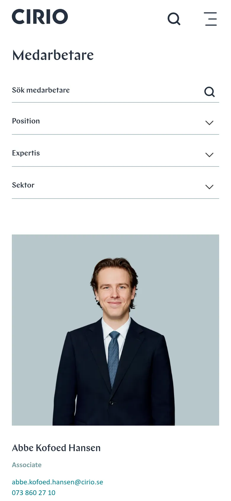 The mobile version presents a simplified, single-column layout optimized for vertical scrolling. The navigation menu is condensed into a hamburger icon, and the employee search filters and staff profiles are stacked vertically instead of in a grid.