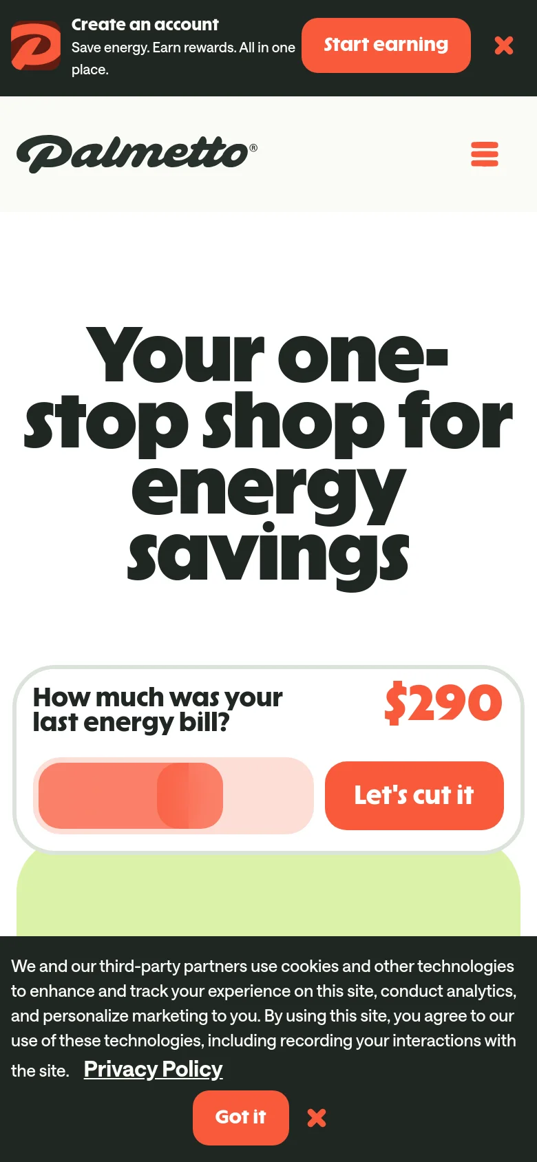 The mobile version simplifies the layout, centering the large 'Your one-stop shop for energy savings' headline and the energy bill calculation card. The desktop navigation is replaced by a hamburger menu icon in the top right, and the top banner remains a prominent orange strip with a 'Start earning' button.