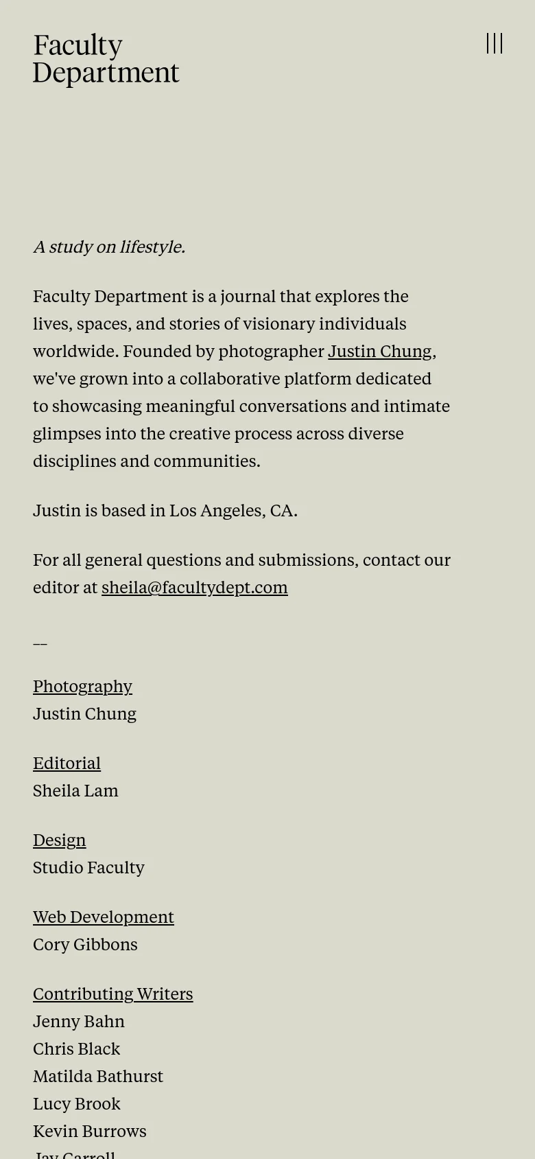 The mobile version presents a single-column vertical layout with the Faculty Department logo and a menu icon at the top. The content consists of centered text describing the journal, contact details, and a long list of team members and contributors, followed by a large photograph at the bottom.