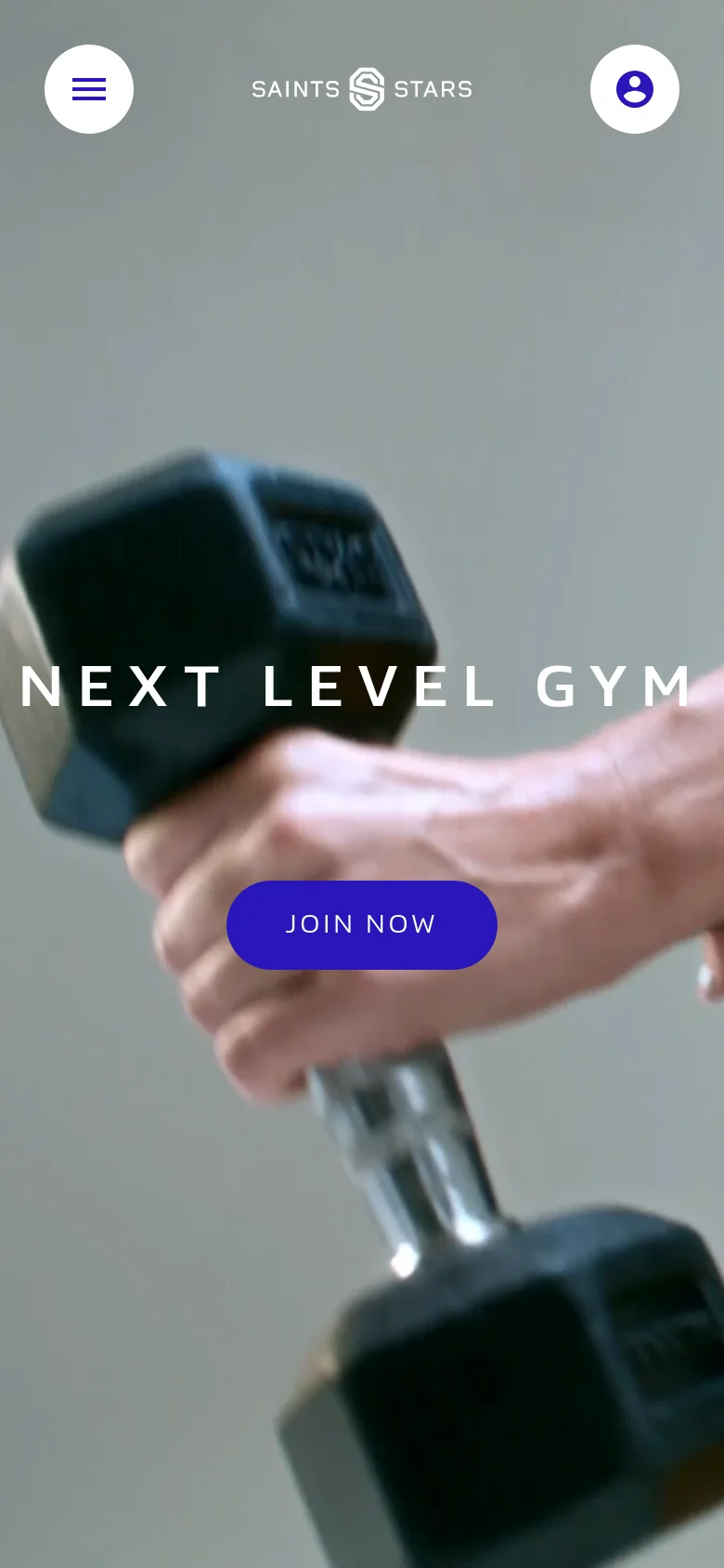 The mobile version displays a vertically oriented hero image focusing on a close-up of a hand gripping a heavy dumbbell. The 'NEXT LEVEL GYM' headline and blue 'JOIN NOW' button are centered on the screen, with the brand logo and a simplified header containing a menu icon and user profile icon at the top.