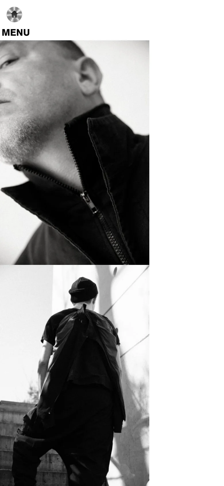 The mobile version presents a vertically stacked layout. It begins with a small house icon and a 'MENU' label, followed by a large black and white portrait, and then continues with additional imagery below, prioritizing a single-column scroll.
