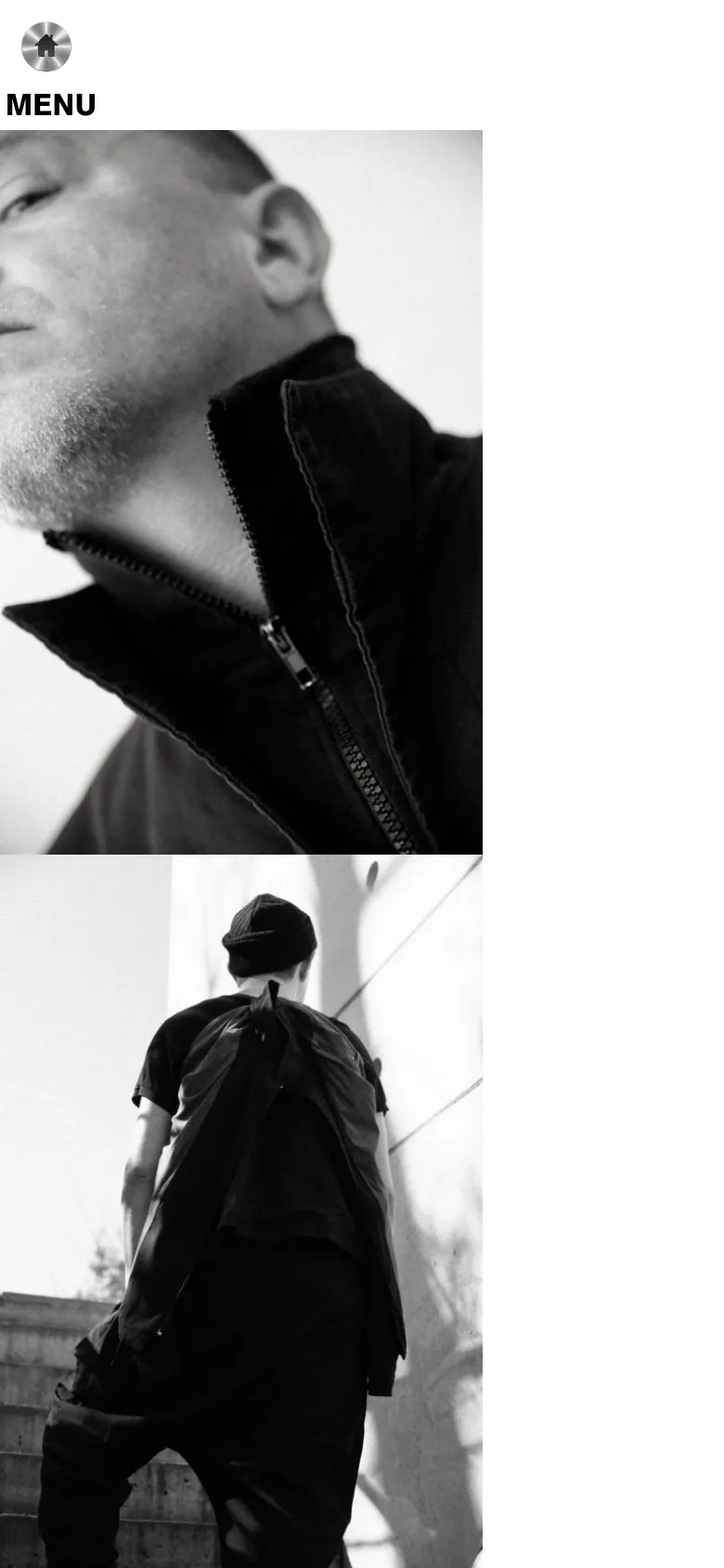 The mobile version presents a vertically stacked layout. It begins with a small house icon and a 'MENU' label, followed by a large black and white portrait, and then continues with additional imagery below, prioritizing a single-column scroll.