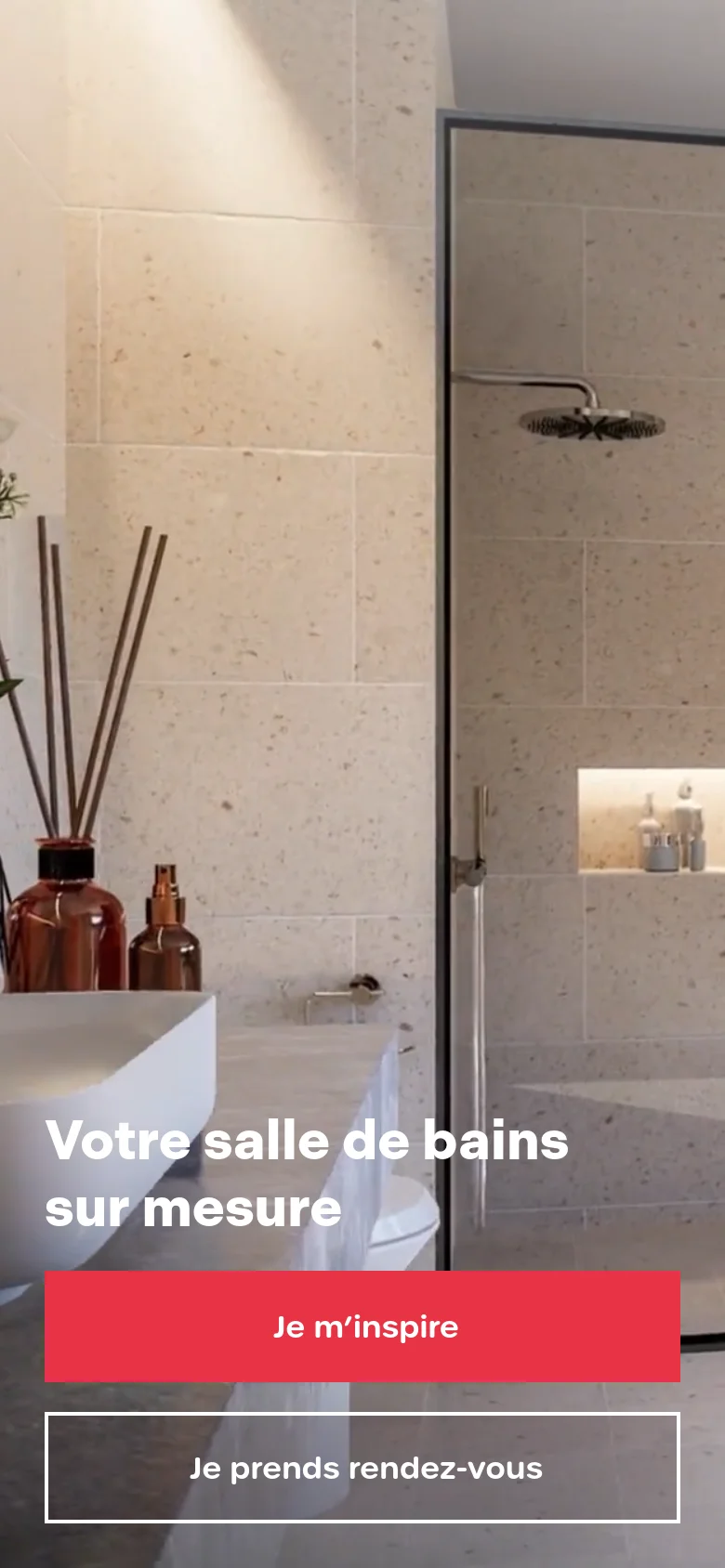 The mobile version presents a vertically stacked layout with the same hero imagery of a showerhead and text overlay. The call-to-action buttons are enlarged and stacked vertically to fill the width of the screen for easier tapping, maintaining the red and transparent button styling.