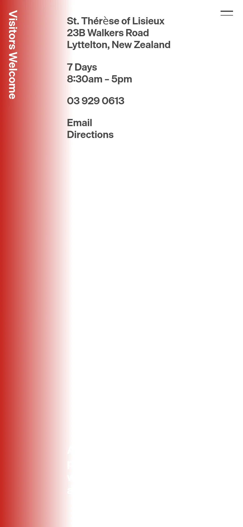 The mobile version simplifies the layout into a vertical stack, prioritizing the red-tinted 'Visitors Welcome' heading and essential contact information. The large background image is cropped or repositioned to focus on the text elements, maintaining a minimalist aesthetic with high contrast.