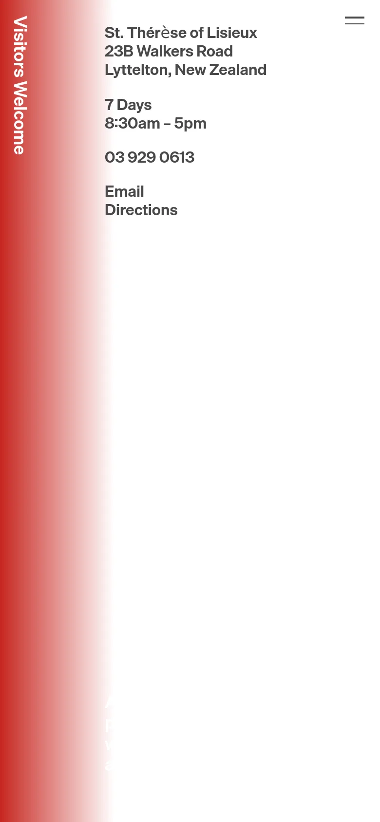 The mobile version simplifies the layout into a vertical stack, prioritizing the red-tinted 'Visitors Welcome' heading and essential contact information. The large background image is cropped or repositioned to focus on the text elements, maintaining a minimalist aesthetic with high contrast.