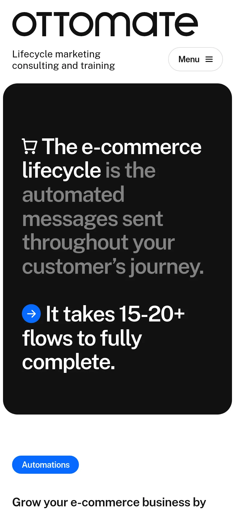 Mobile version of the e-commerce page with a vertically stacked layout. The dark hero section contains the same large white typography and blue arrow icon, but the text is centered and scaled for a narrower screen. The blue 'Automations' button and subsequent text are positioned below the hero block.
