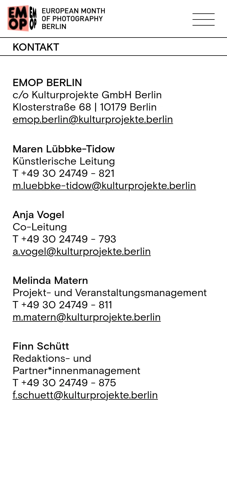 EMOP Berlin Contact mobile website screenshot