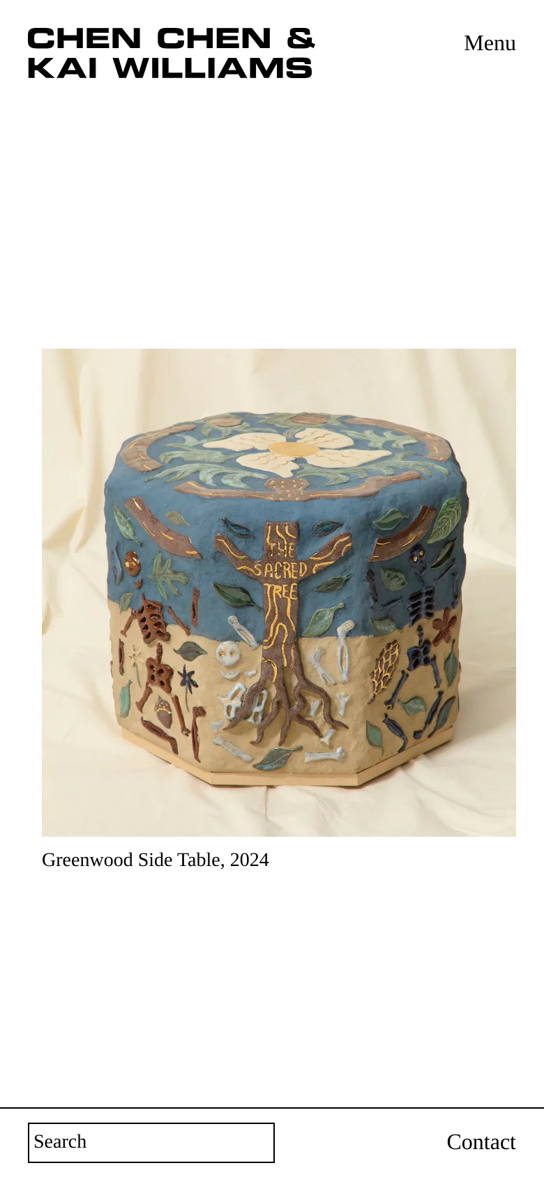 The mobile version simplifies the layout to a single-column view, focusing on large, high-resolution images of individual design pieces like the Greenwood Side Table. The header features the studio name with a prominent 'Menu' button, and the footer contains a large search input field and a Contact link.