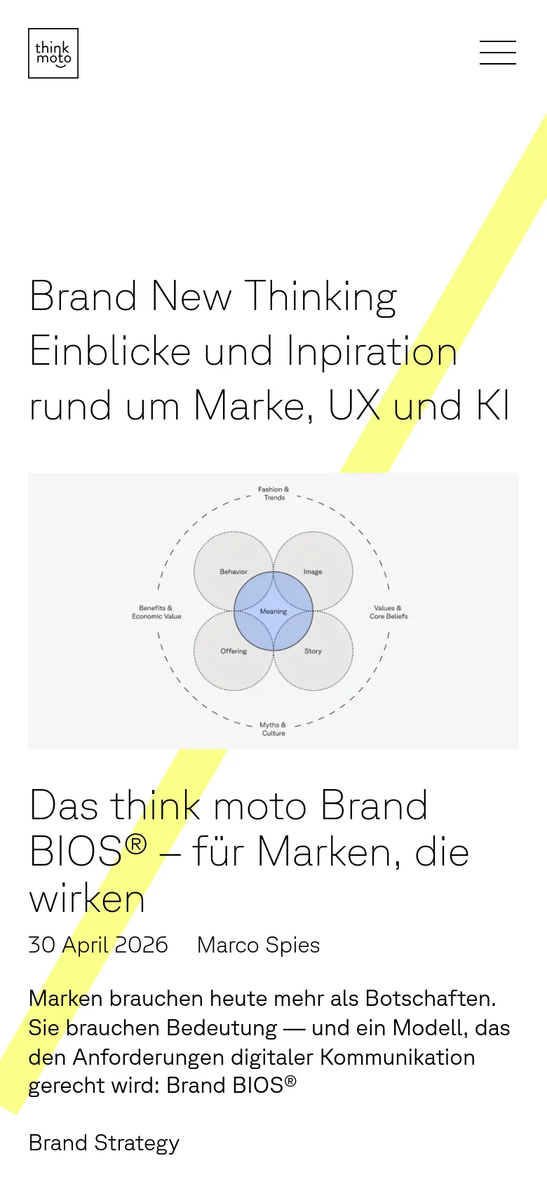 The mobile version presents a single-column vertical layout optimized for small screens, with the 'think moto' logo and a hamburger menu icon at the top. The large headline and subheadline are stacked vertically, followed by blog entries that occupy the full width of the screen. The yellow diagonal design element is visible in the background, providing visual continuity from the desktop version.
