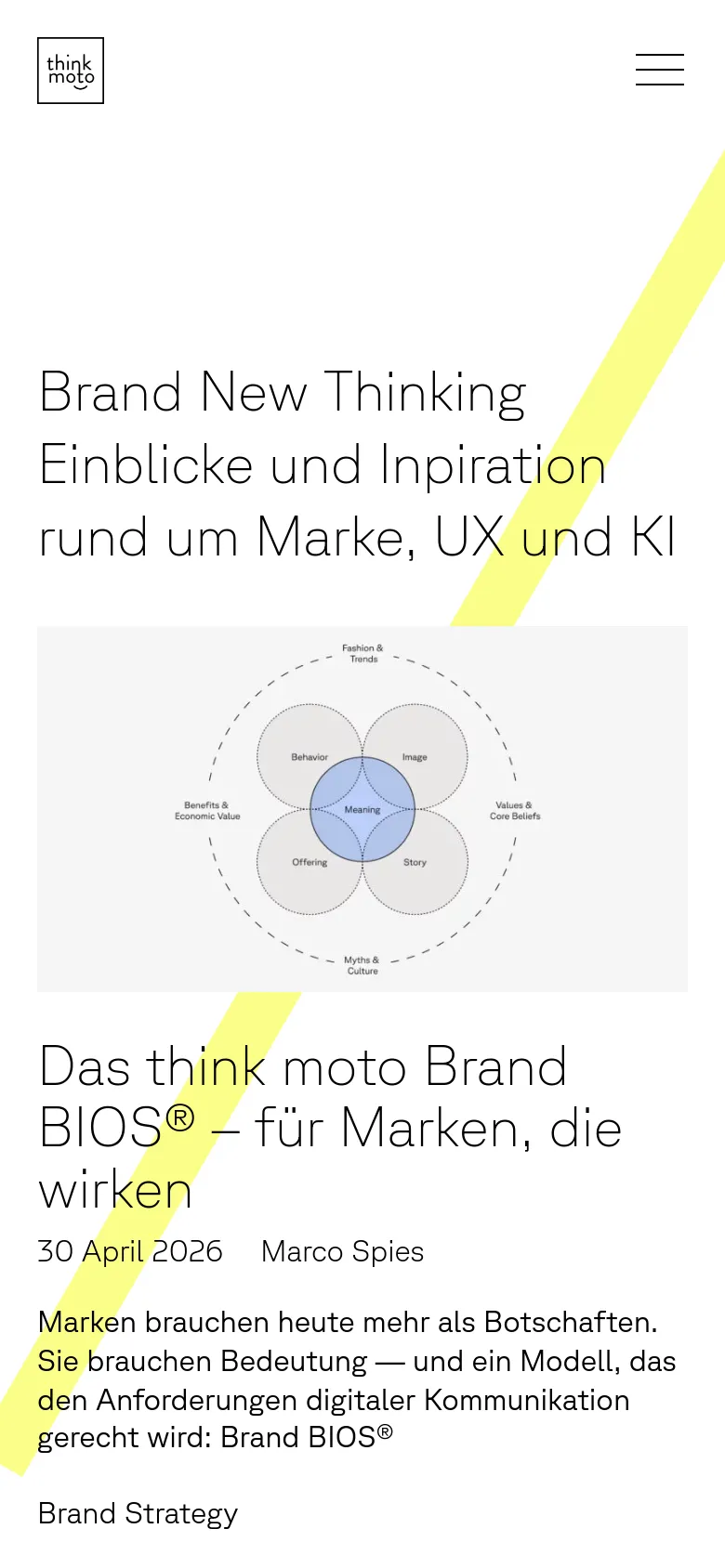 The mobile version presents a single-column vertical layout optimized for small screens, with the 'think moto' logo and a hamburger menu icon at the top. The large headline and subheadline are stacked vertically, followed by blog entries that occupy the full width of the screen. The yellow diagonal design element is visible in the background, providing visual continuity from the desktop version.
